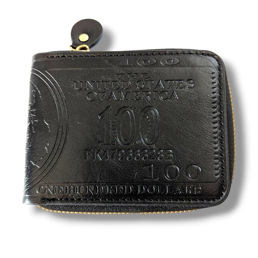 Vintage Black Leather 100 Dollar Bill Zippered Wallet Billfold NEW